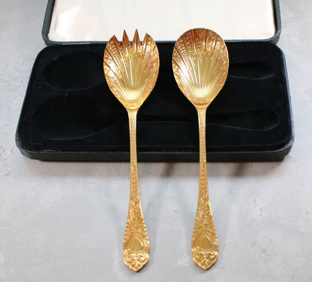 Retro Art Nouveau Cutlery Salad Serving Set Gold Tone William Adams Sheffield