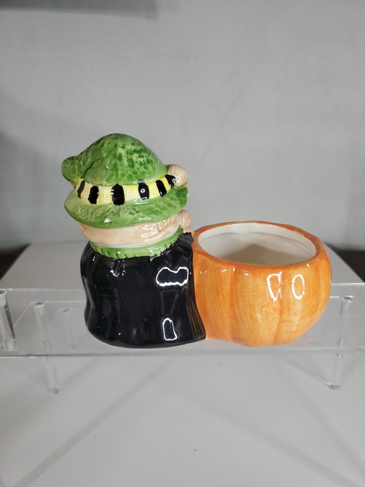 Halloween Witch Bear Holding Ghost Pumpkin Planter Ceramic Centerpiece Decor