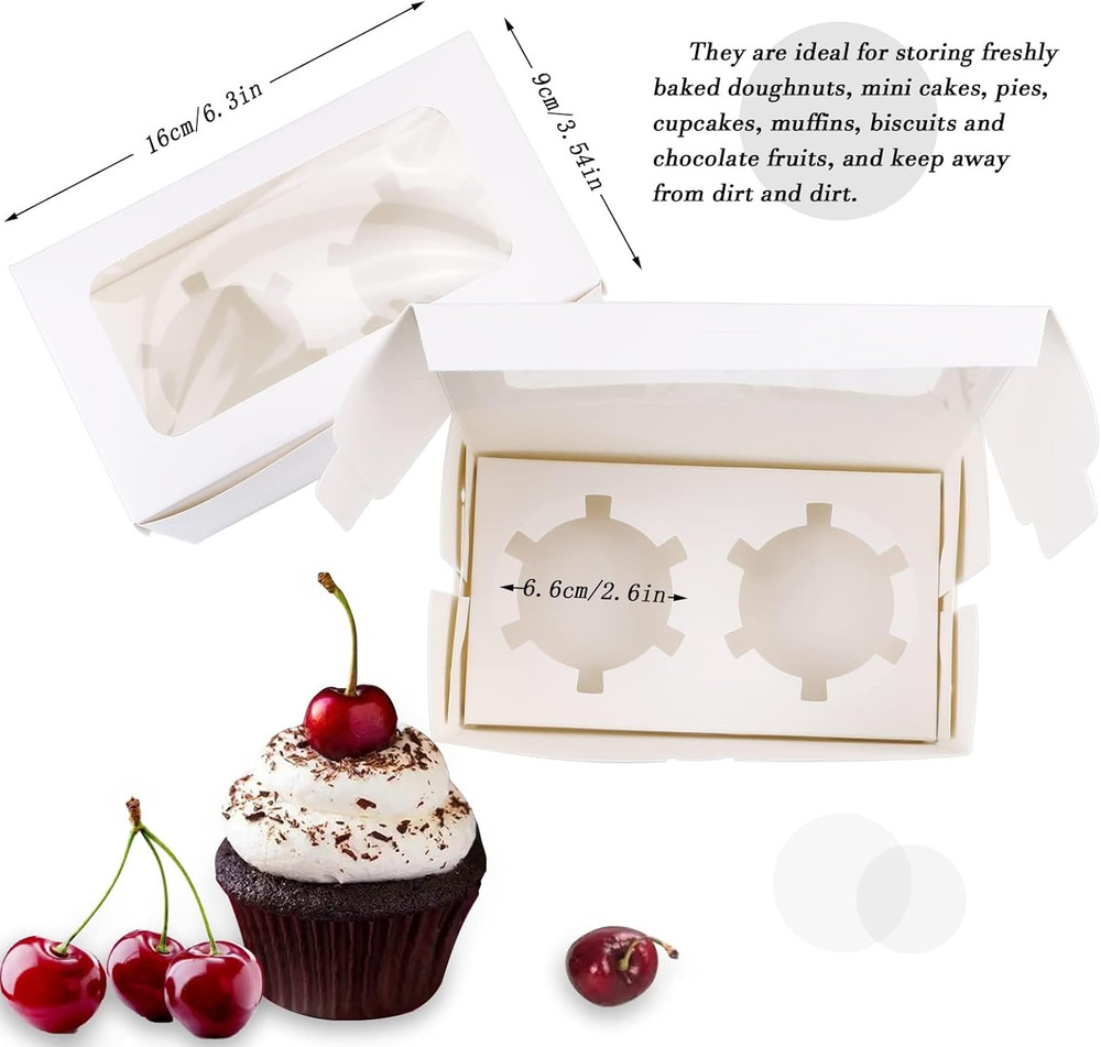 30 Pack White Paper Cupcake Boxes with 2 Cavity Cookie Gift Boxes with Clear Win