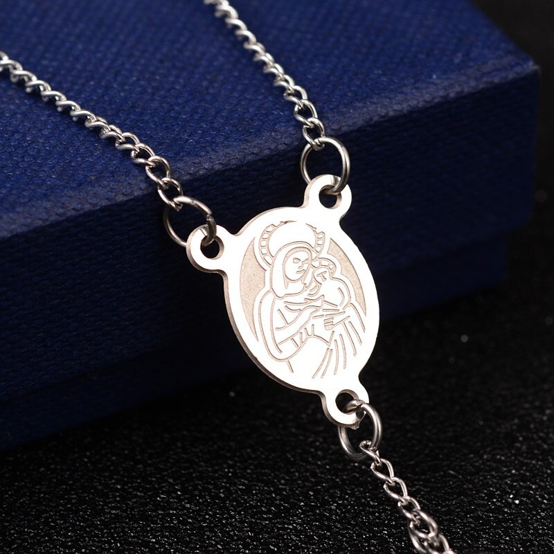 Stainless Steel Rosary Beads Necklace Crucifix Cross Prayer Virgin Mary N31