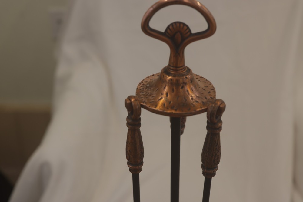 4 Piece Antique Copper Fireplace Tool Set with Solid Handles and Base