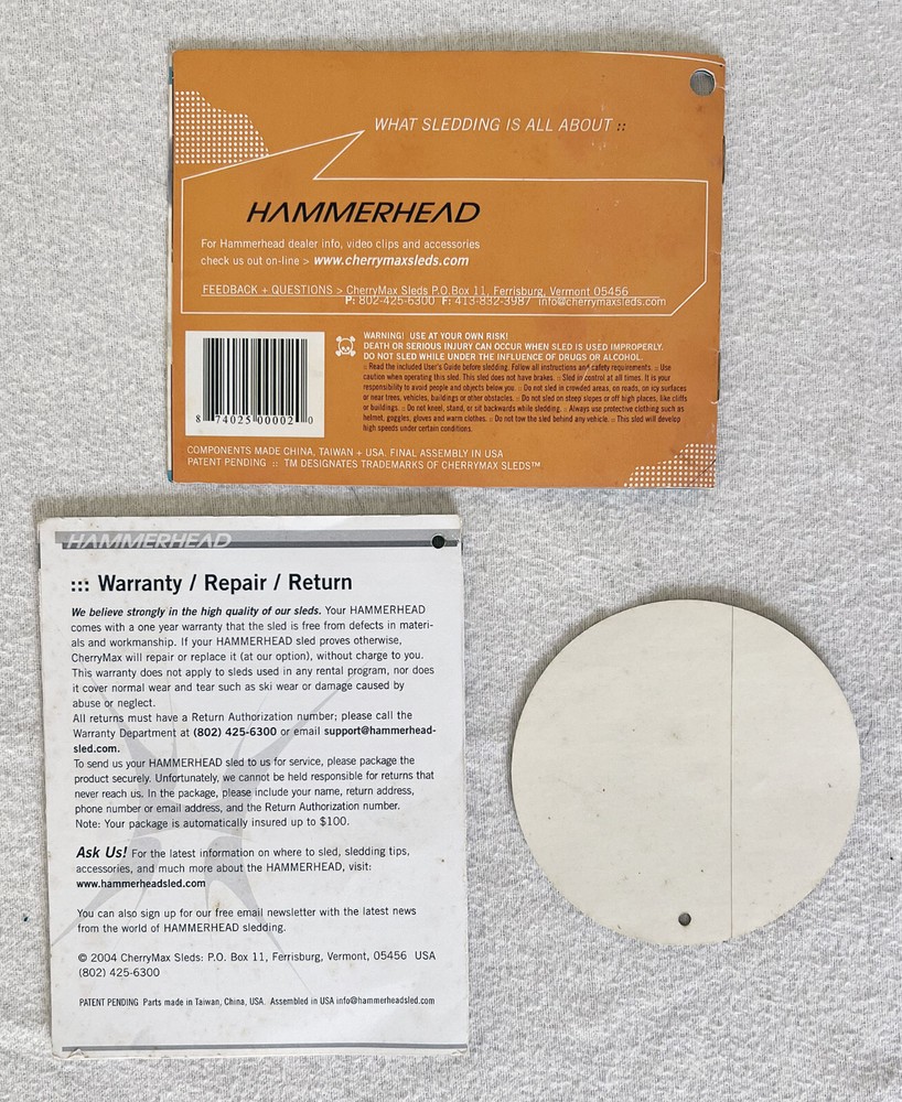 Hammerhead Ski Sled Brochure / Owner's Guide / Sticker