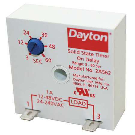 Dayton 2A562 Encapsulated Timer Relay, 1A, Solid State, Standards: Curus
