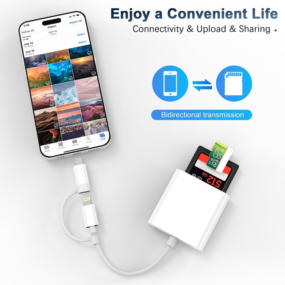 SD Card Reader for iPhone iPad, Dual Connector White ( Lightning 2Slot)