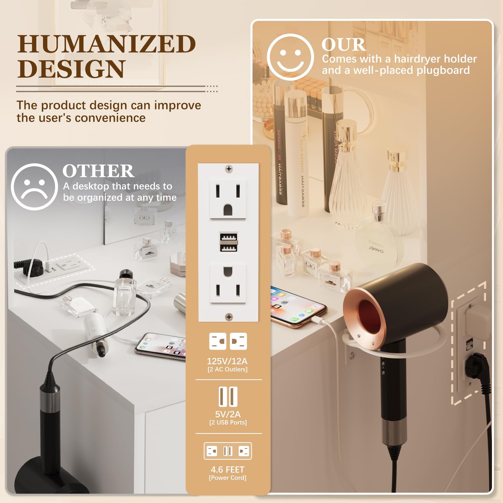 Furmax Makeup Vanity Desk w/ Mirror, Power Outlet, 3-Color LED Lights & Bench