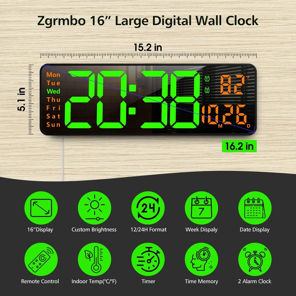 Zgrmbo 16" Digital Wall Clock with Remote Control, Large Digital Clock with D...
