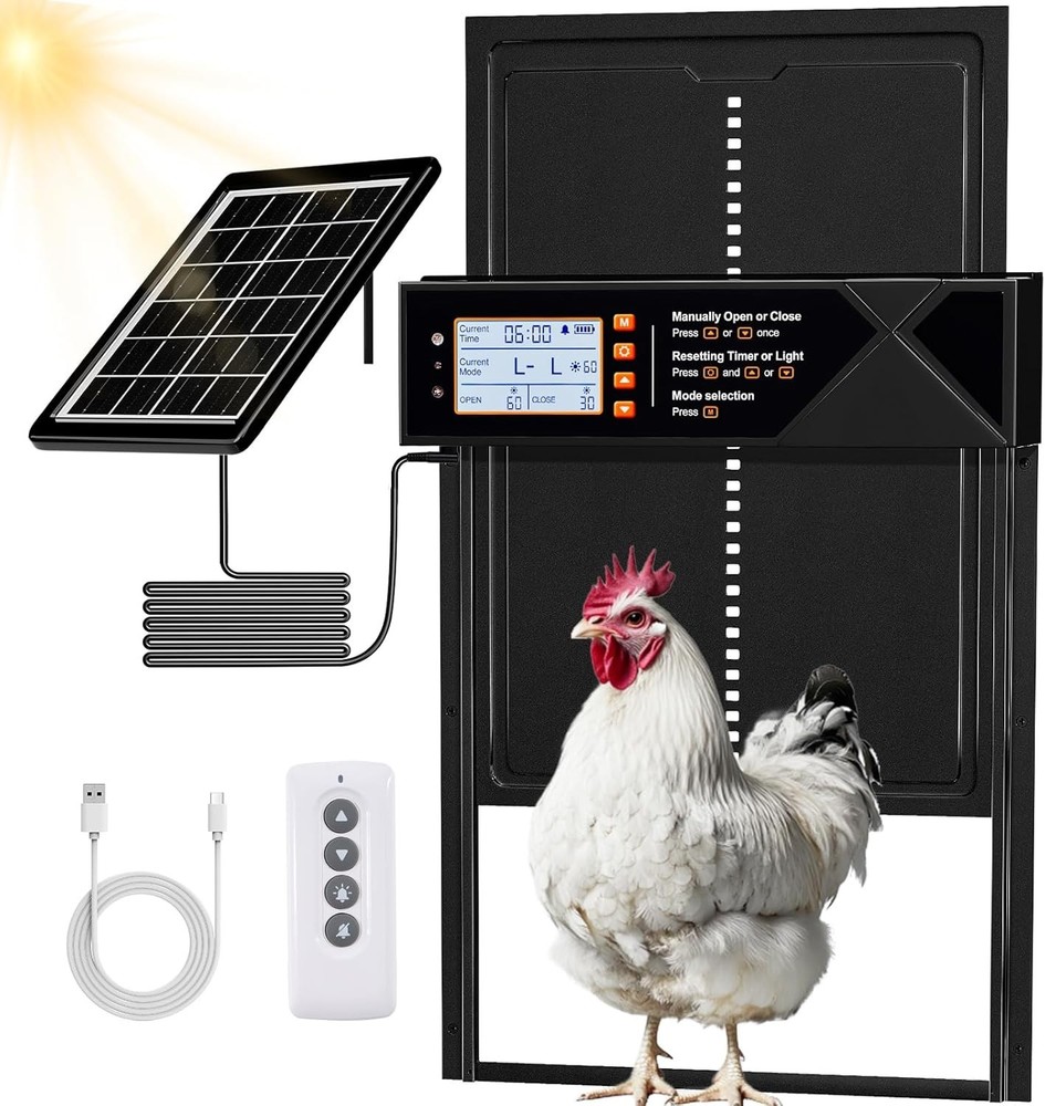 Extra Large Solar Automatic Chicken Coop Door Poultry Gate W/ Timer Light Sensor