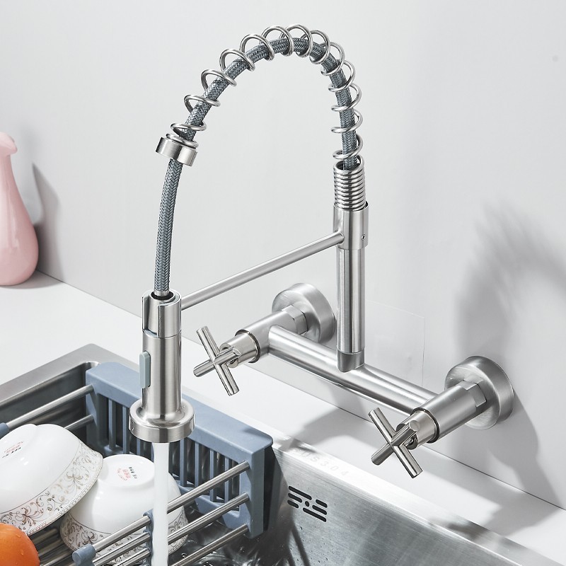 Wall Mount Kitchen Sink Faucet with Pull Down Sprayer 8 Inch 2 Handle Mixer Tap