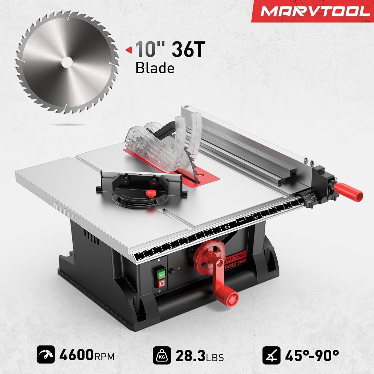 10in Portable Table Saw 15Amp Compact Tablesaw with 36T Blade 4600RPM 0-45&90°