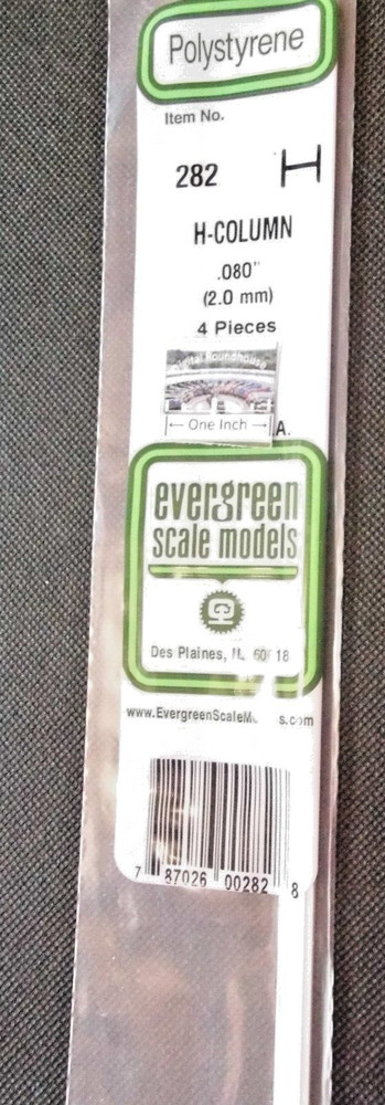 Evergreen Scale Models #282 H-Columns .080" (2.0 mm) pk. 4 - Measurements Below