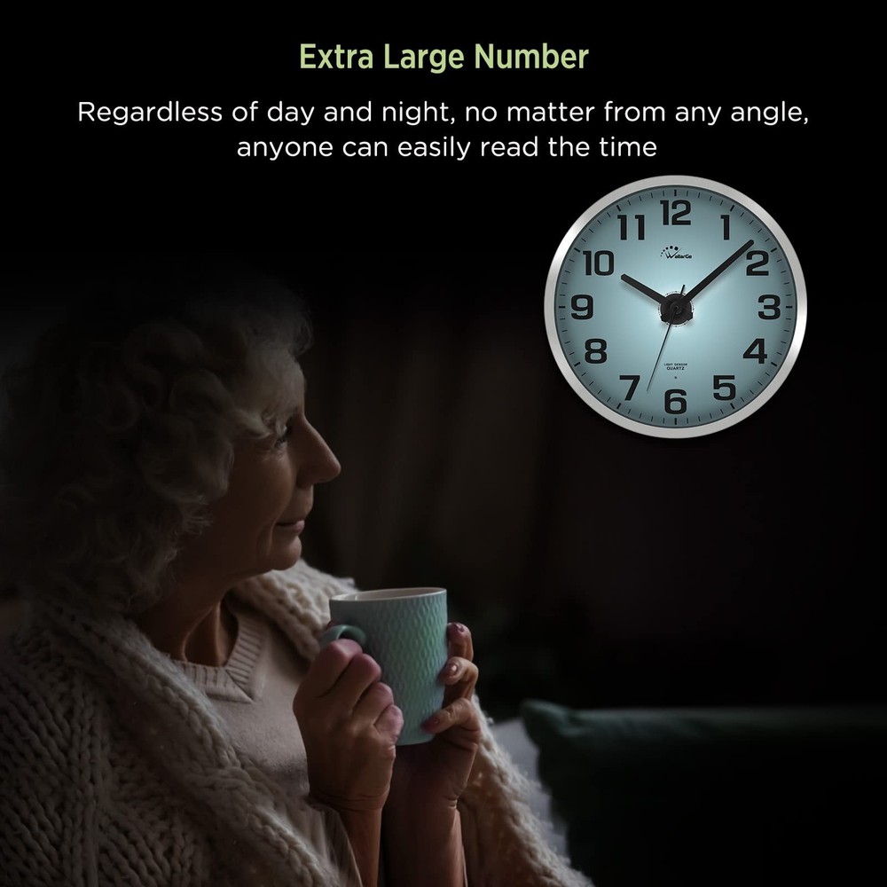 WallarGe Night Light Wall Clock for Bedroom - Silent Lighted up Wall Clock Gl...