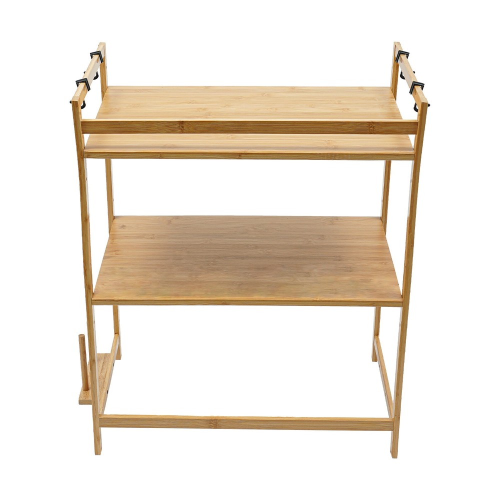 2-Tier Bamboo Kitchen Storage Rack with Hooks and Adjustable Shelves