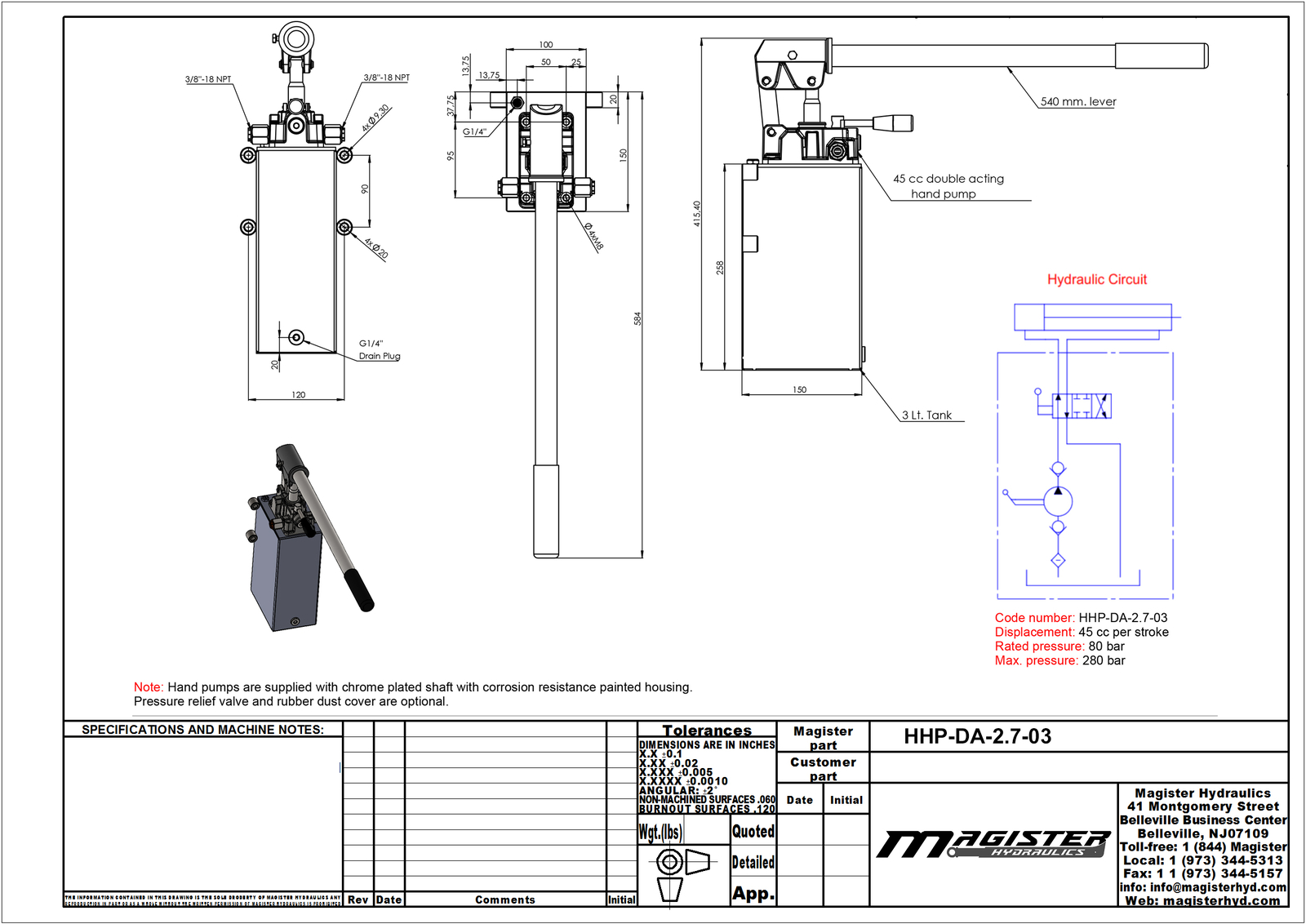 Hydraulic piston hand pump with valve for double acting cylinder 2.7 CID 5 quart