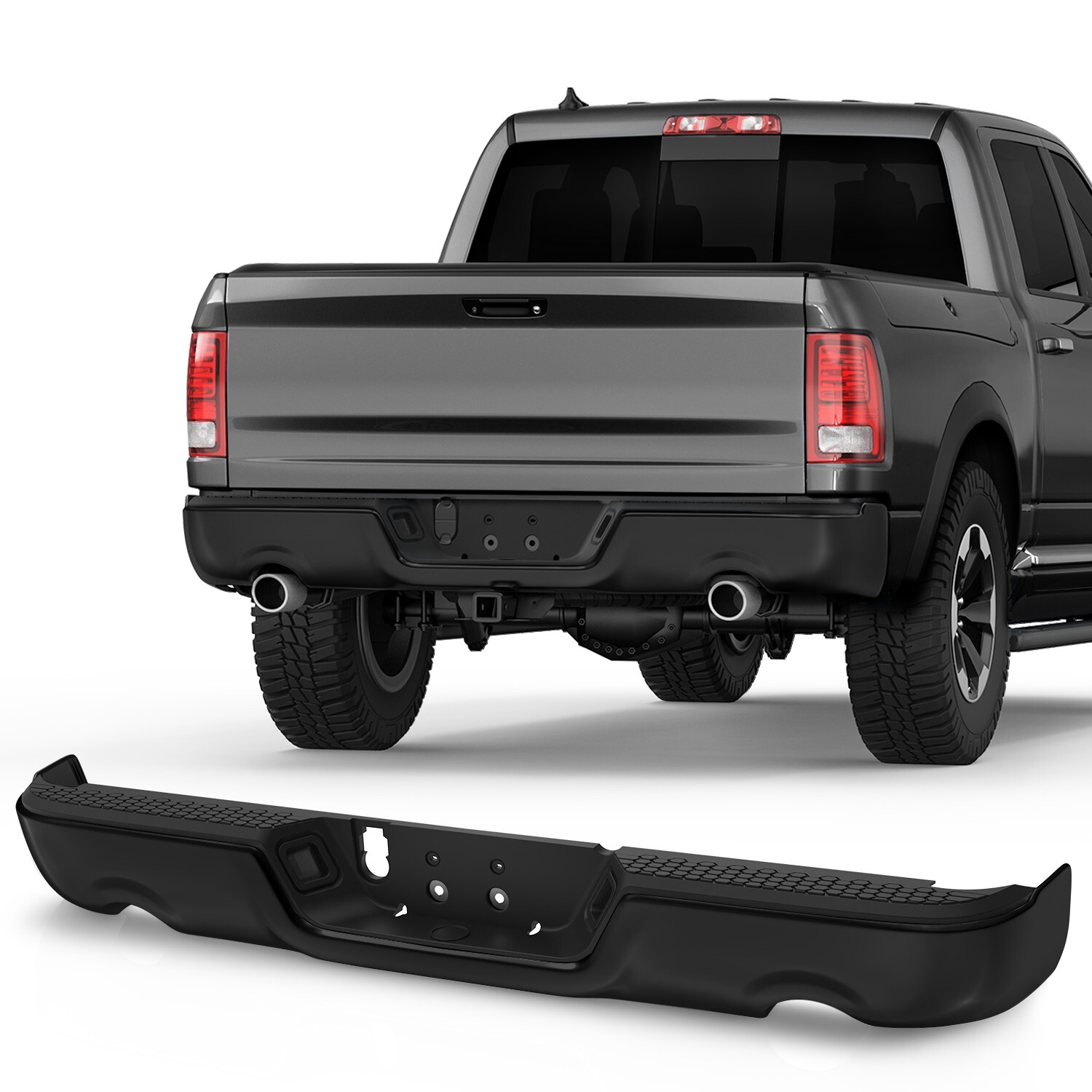 Black Rear Bumper Assy For 2009-2018 Dodge Ram 1500 Dual Exhaust w/o Sensor New