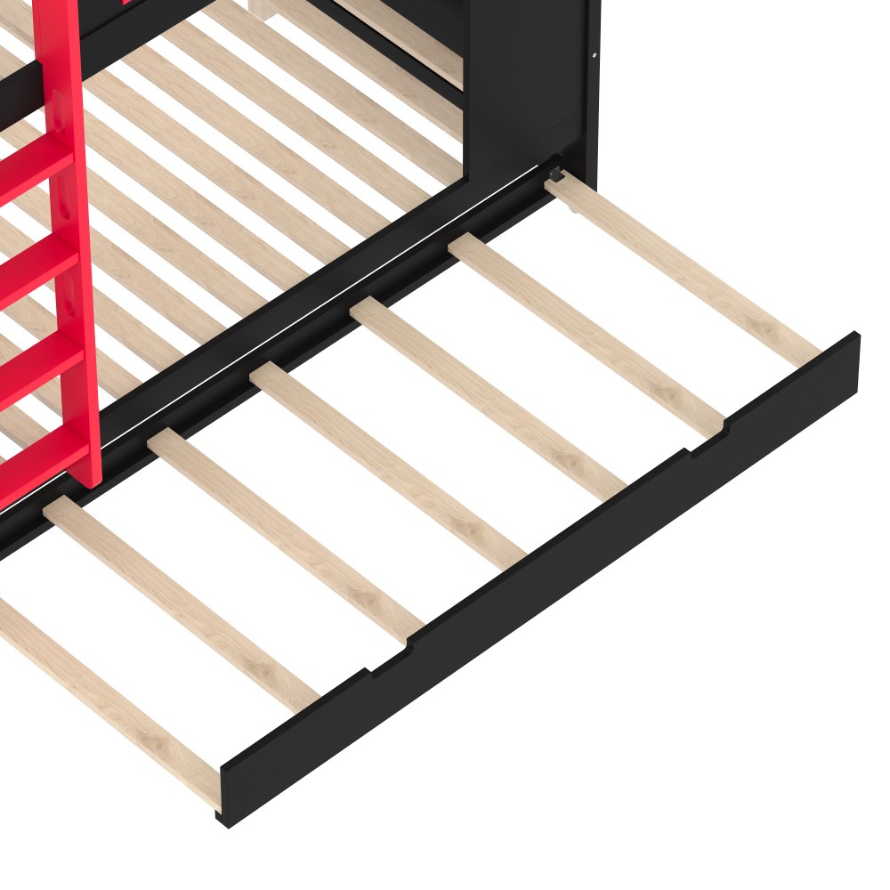 Queen Over Queen Bunk Bed w/ Trundle & Storage, Solid Wood Frame, Black/Red