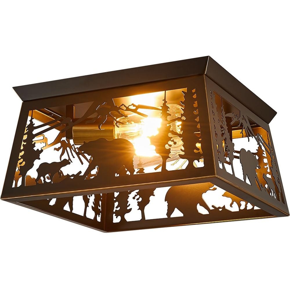 Rustic Light Fixture, 2-Light Farmhouse Flush Mount Ceiling Light Fixture, Me...