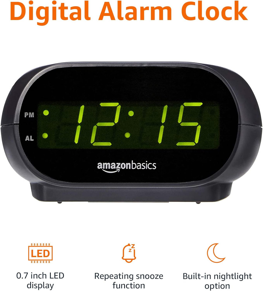 Amazon Basics Small Digital Oval Alarm Clock with LED Display, Nightlight & Batt