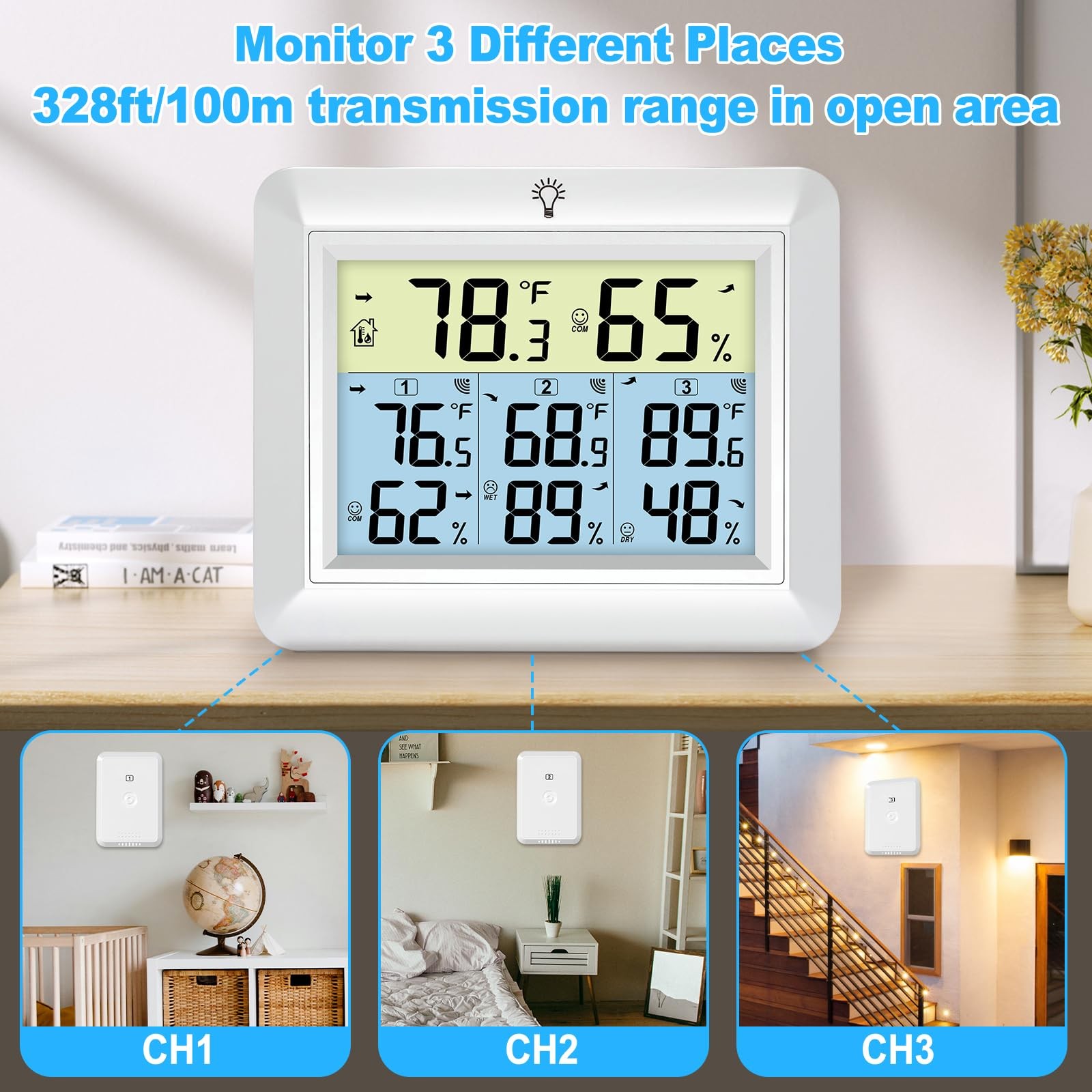 Weather Station Wireless Indoor Outdoor Thermometer with 3 Sensors, Remote Te...