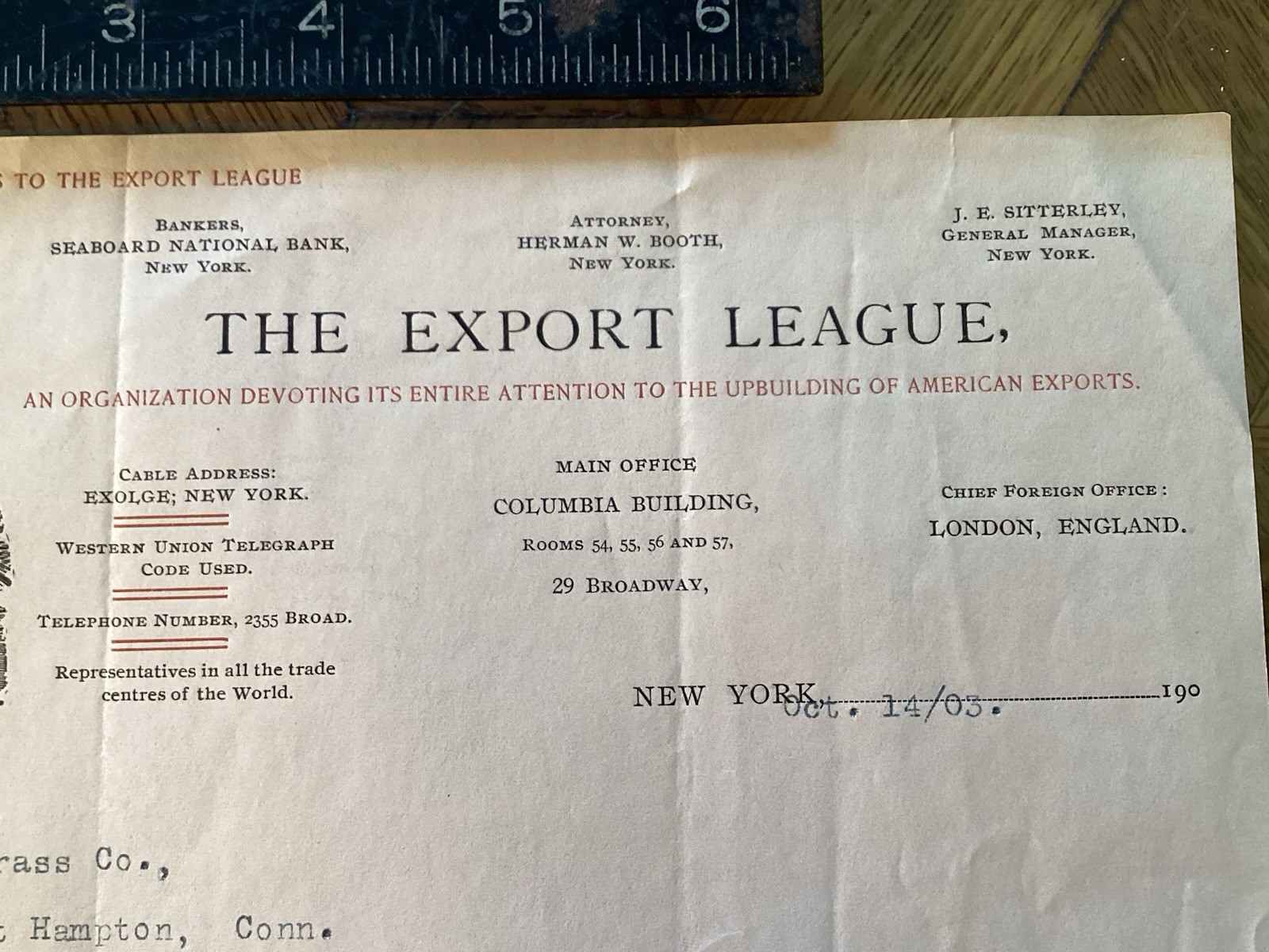 *Vignette**Broadway New York 1903 American The Export League Business Letterhead