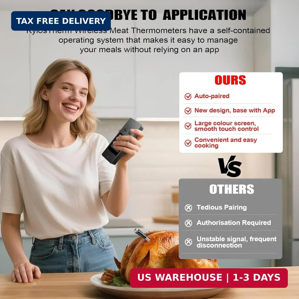 Bluetooth Wireless Meat Thermometer, No App Needed, 800FT Range, Dual Ultra-Thin