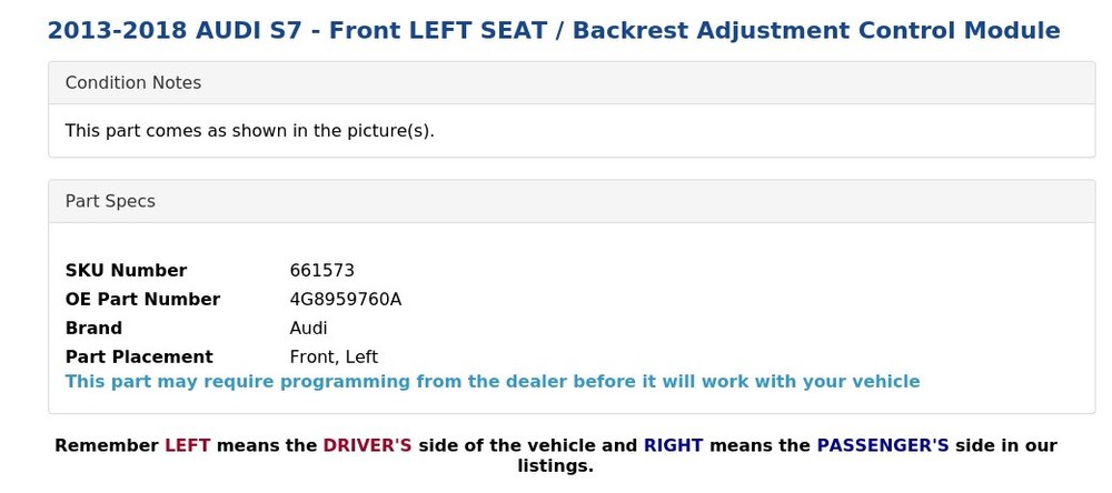 2013-2018 AUDI S7 - Front LEFT SEAT / Backrest Adjustment Control Module