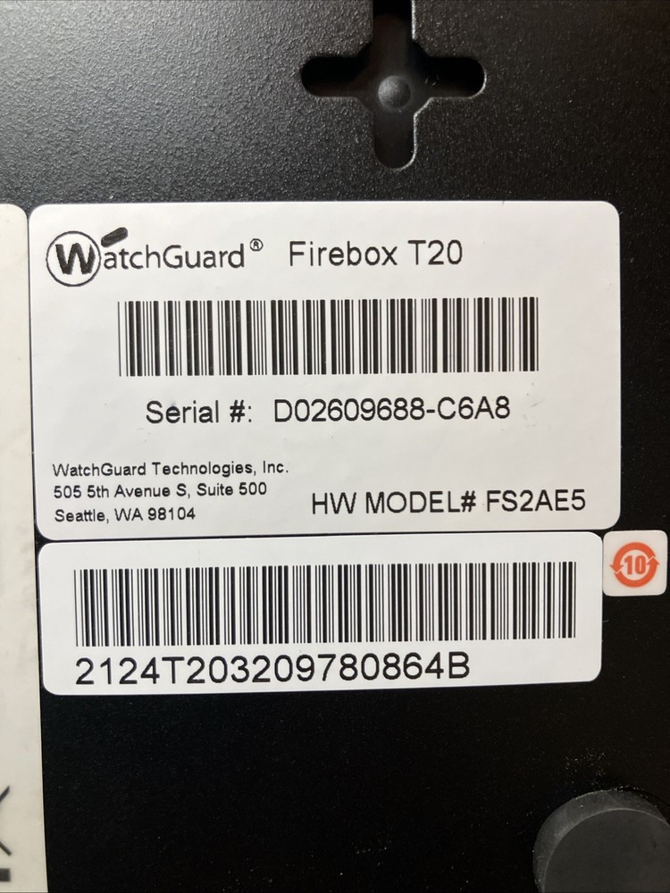 WatchGuard Firebox T20 FS2AE5 Firewall Security With Pwr Adapt-untested Pwrs On