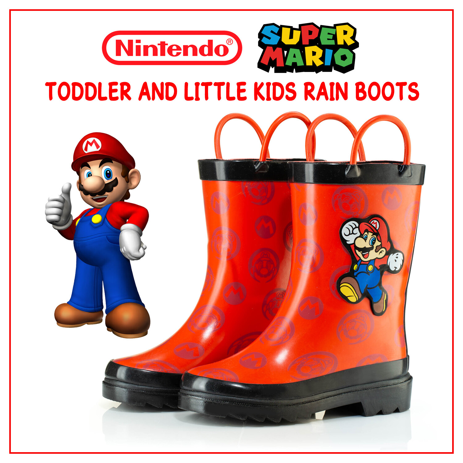 Nintendo Super Mario Boys Waterproof Easy-On Handles Rubber Rain Boots - Toddler