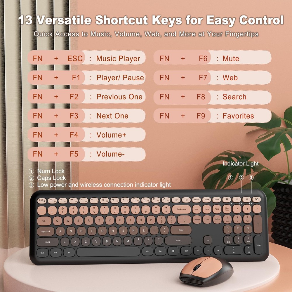 Wireless Keyboard Mouse Combo FullSize Retro Typewriter Round Keycaps Red Set