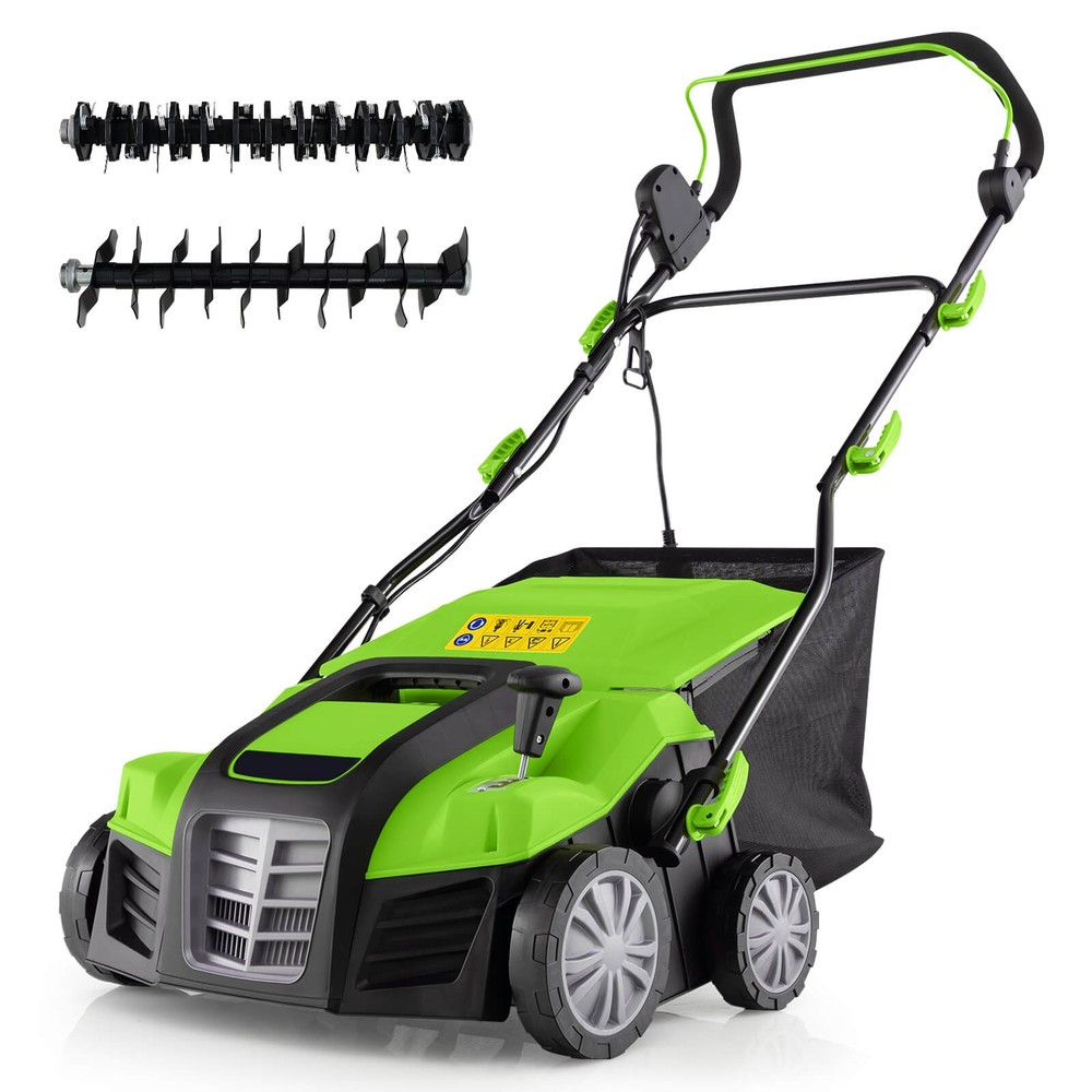 16-Inch Folding Electric Dethatcher & Scarifier w/ 3-Position Height Adjustment