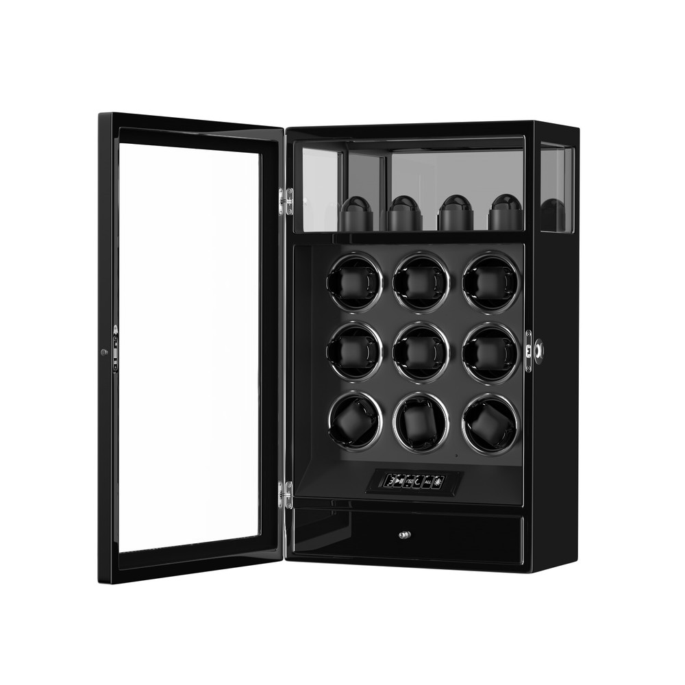 Fingerprint Automatic 9 Watch Winder LCD Display Case with 4 Watch Holders Box