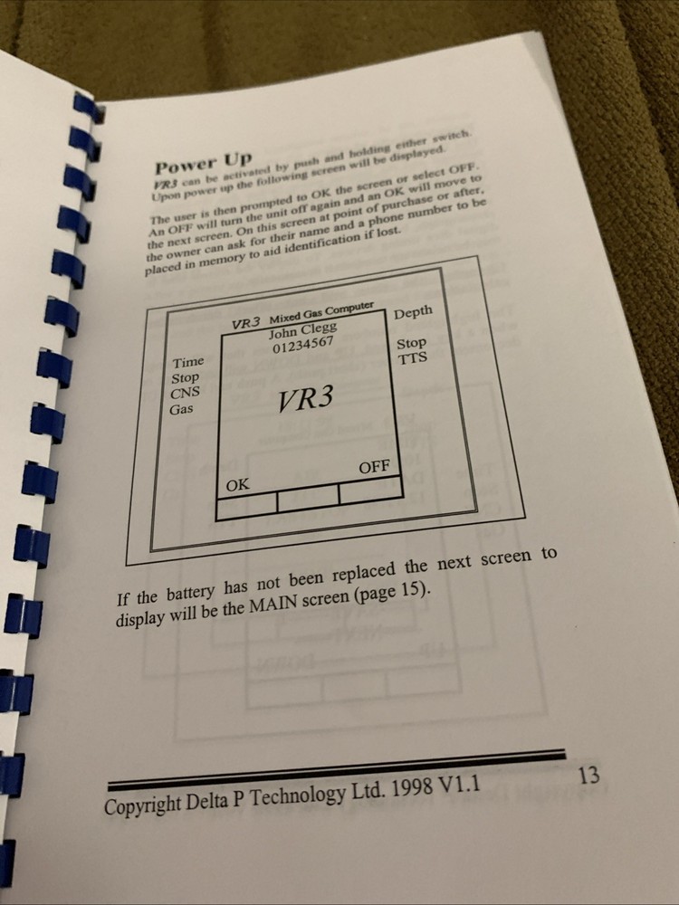 VR3 Scuba Decompression Computer Multi gas Multimode Operators Manual V1.1