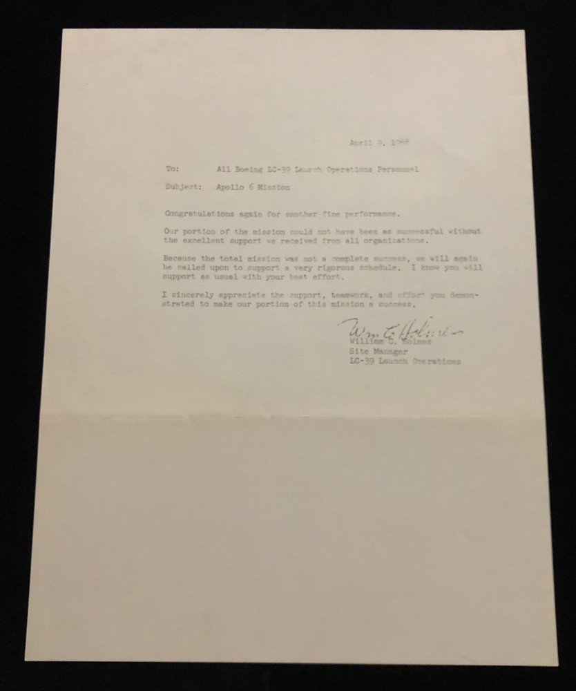 APOLLO 6  LETTER MEMO DATED 1968 BATC ORIGINAL PERSONNEL