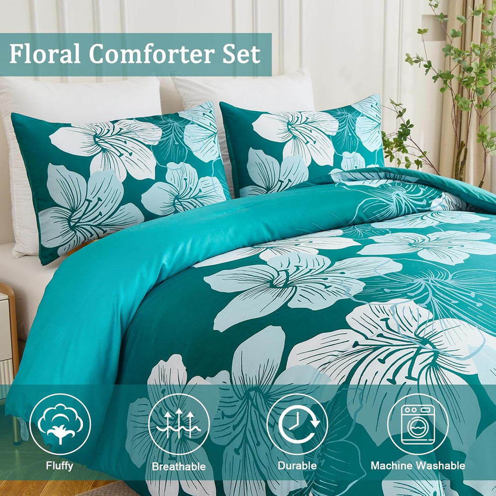 Queen Comforter Set Gradient Teal Bedding Floral Comforter Sets - Soft Microfibe