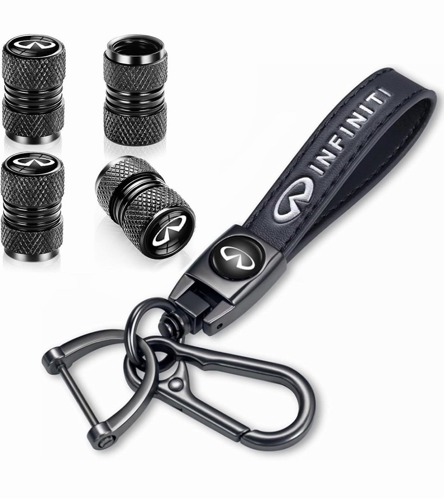 Leather Car Keychain Comparable For Infinity & 4pcs Valve Stem Covers Black NWT