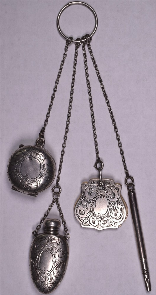 Sterling Chatelaine Perfume, Pencil, Notepad, and Coin Vial