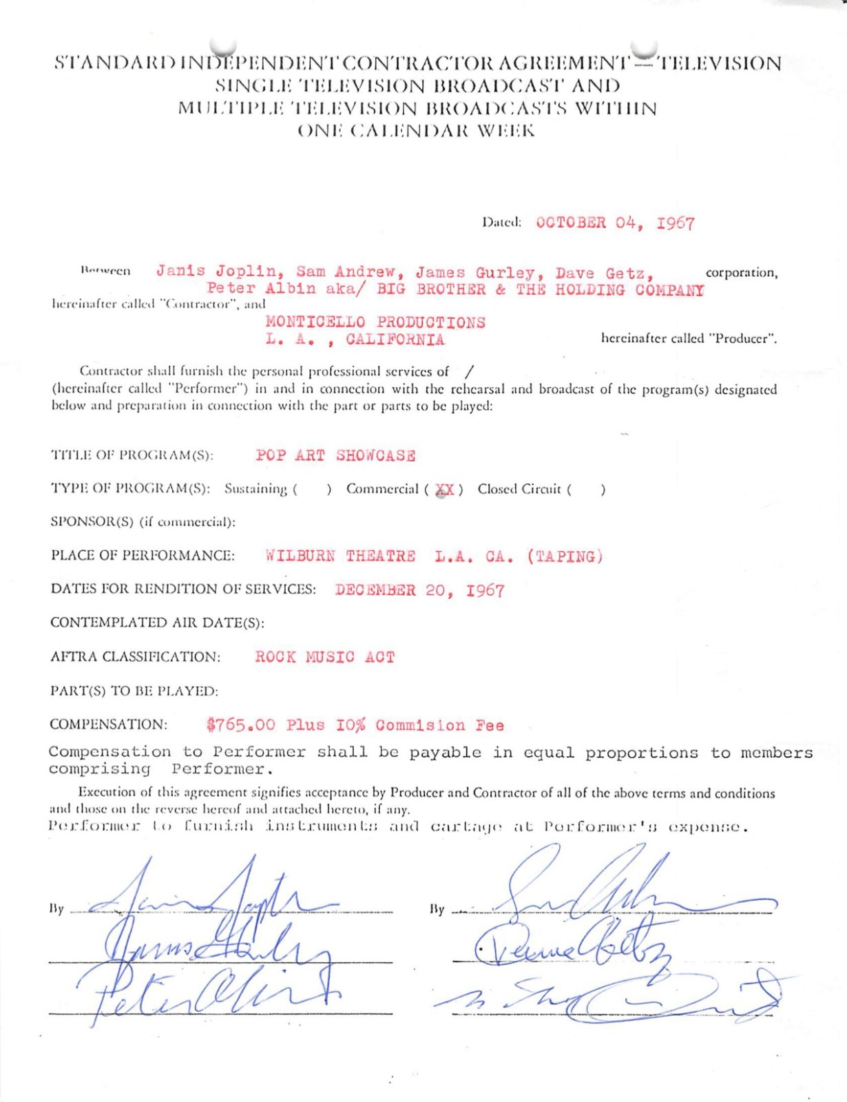 Janis Joplin Signed Contract Andrew Gurley Getz Albin - Big Brother & Holding Co