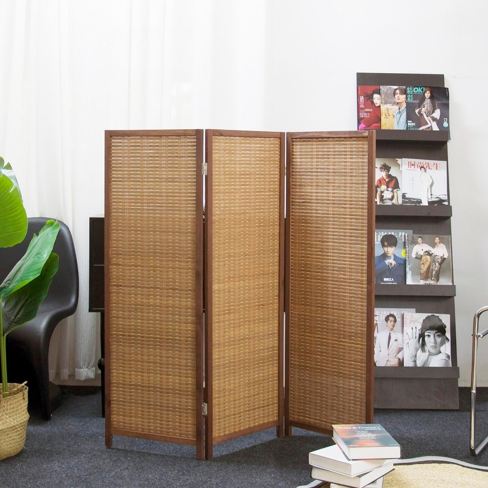 3 Panel Bamboo Room Divider Folding Screen Double Sided Privacy Screen Brown