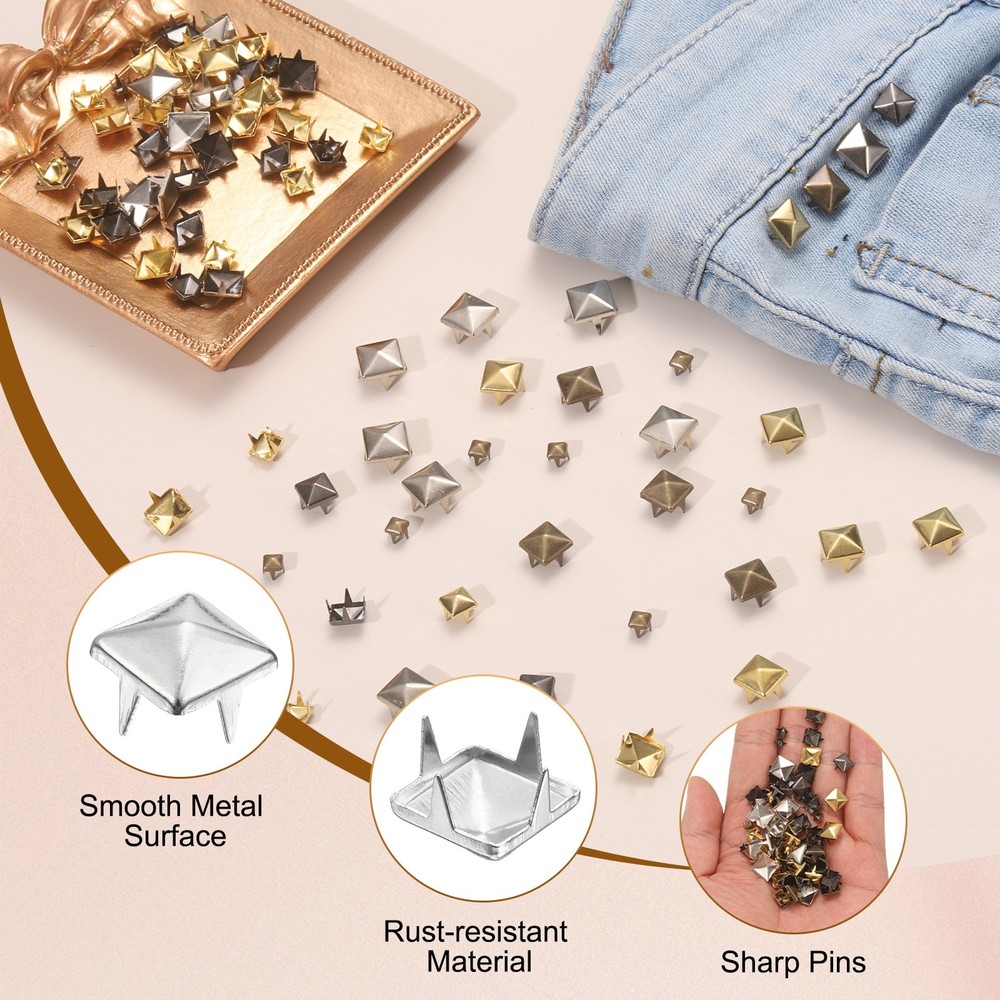100Pcs Square Pyramid Studs, 8mm Four-Jaw Metal Stud Spikes, Silver Tone