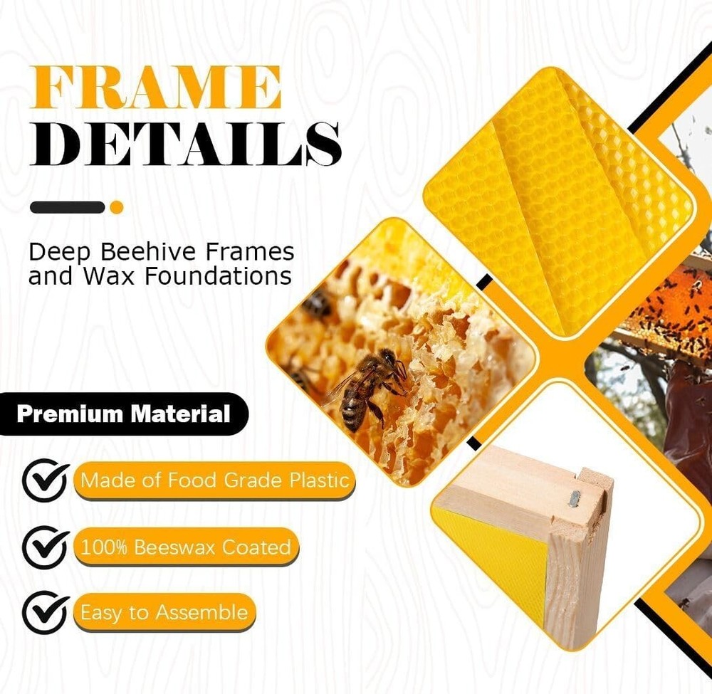 20 Pack Deep Brood Beehive Frames with Wax Foundations Honey Bee Frames New