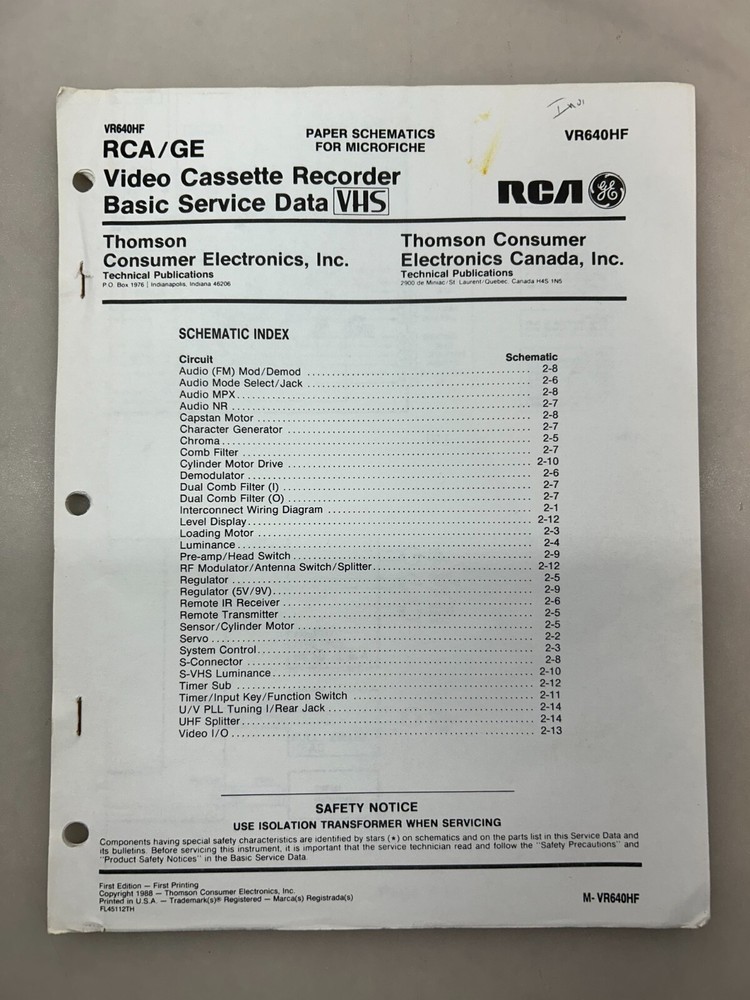 RCA VR640HF Original Schematics Free Shipping
