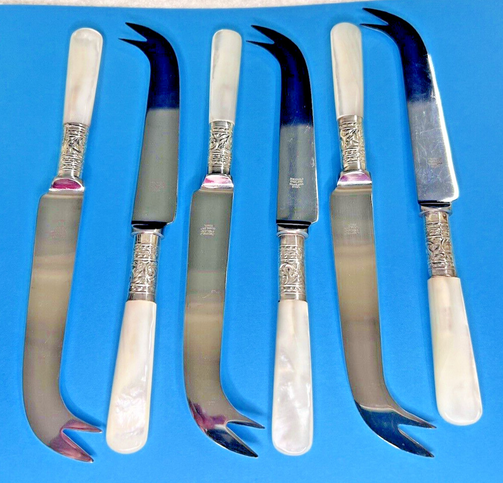 Lot 6 Sheffield England Mother Of Pearl Scroll Banded Handle Fish Knifes 7 1/8"