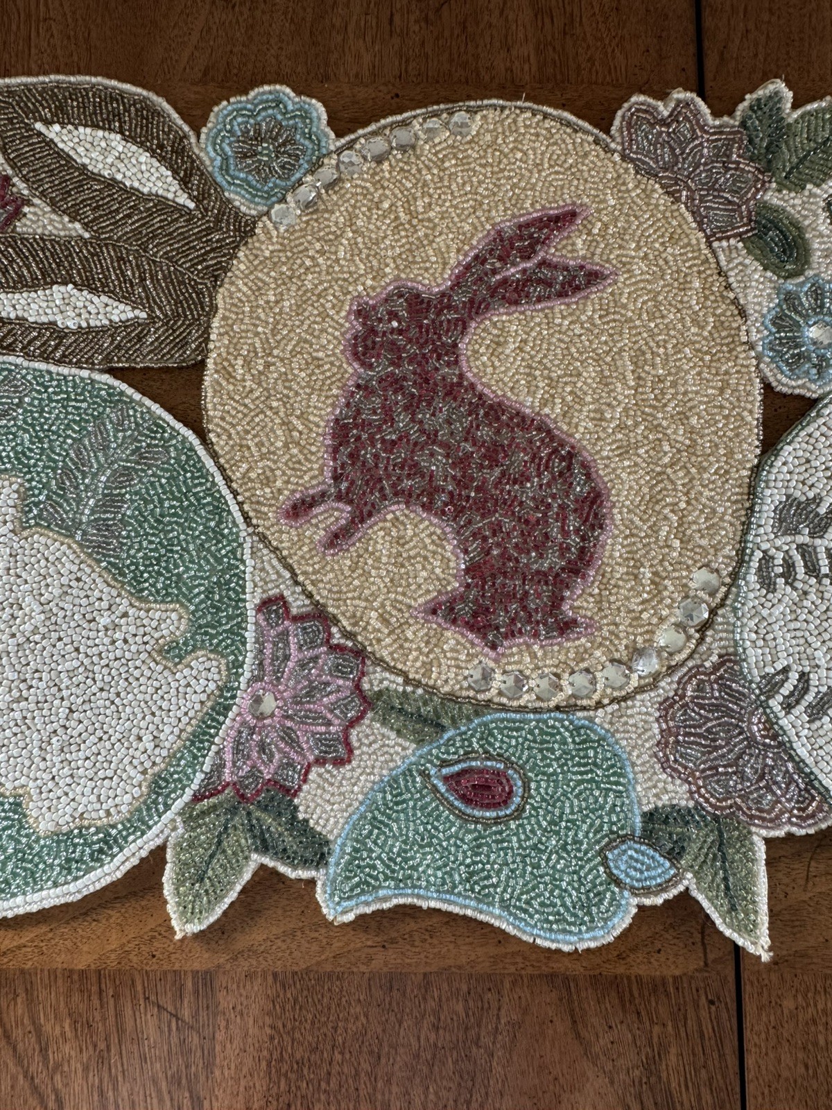 90s Pier 1 Imports Easter Egg & Bunny Rabbit Glass Beaded Table Runner 13” X 35”