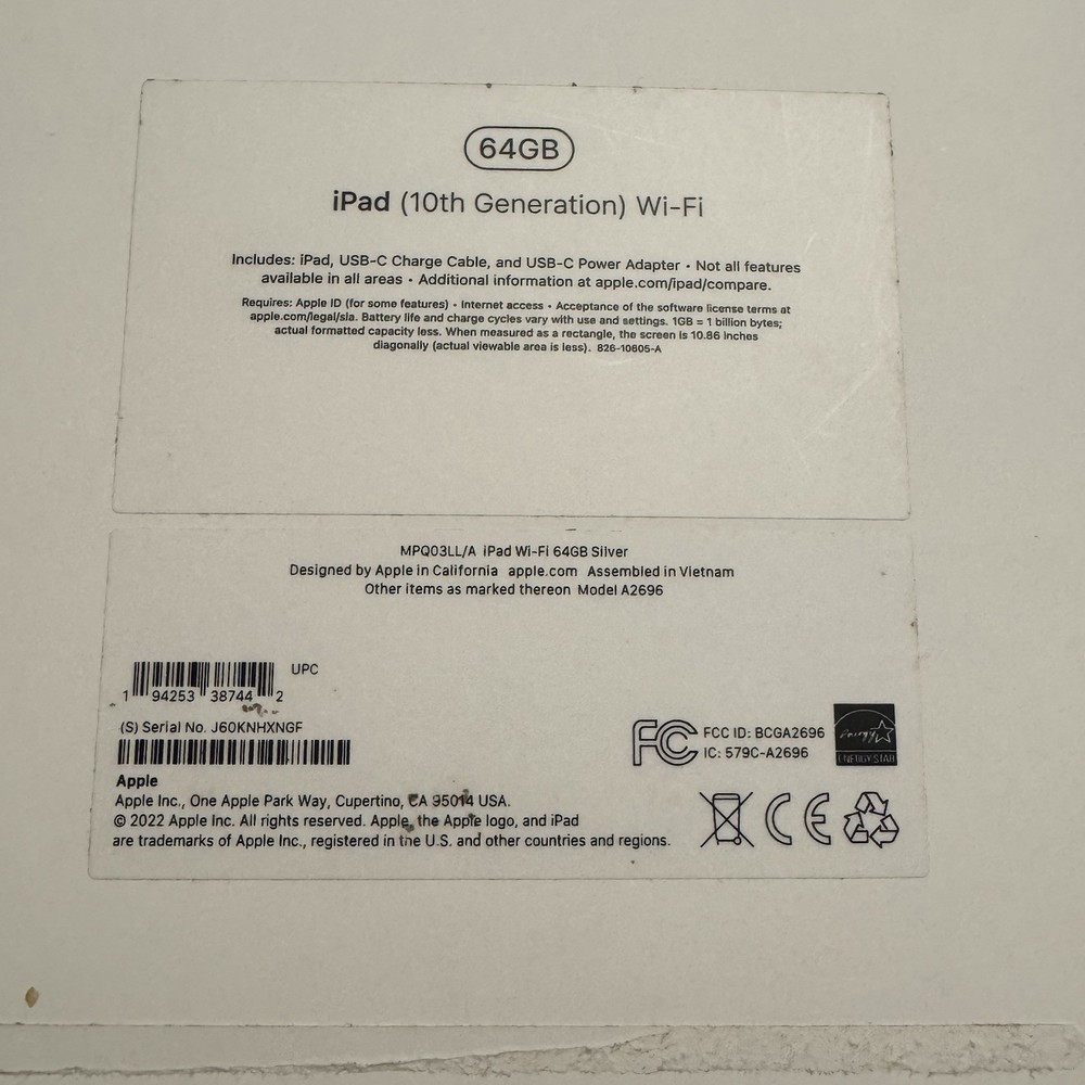 iPad 10th Generation 64GB Replacement Box Only - No Tablet