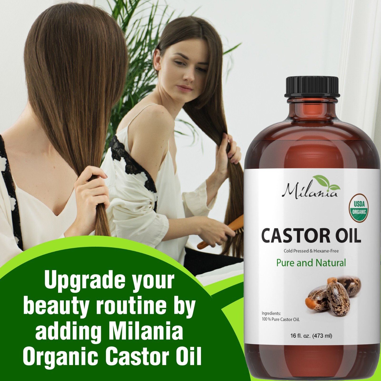 Milania Organic Castor Oil (16oz) - Glass Bottle - Cold Pressed & Hexane-Free.