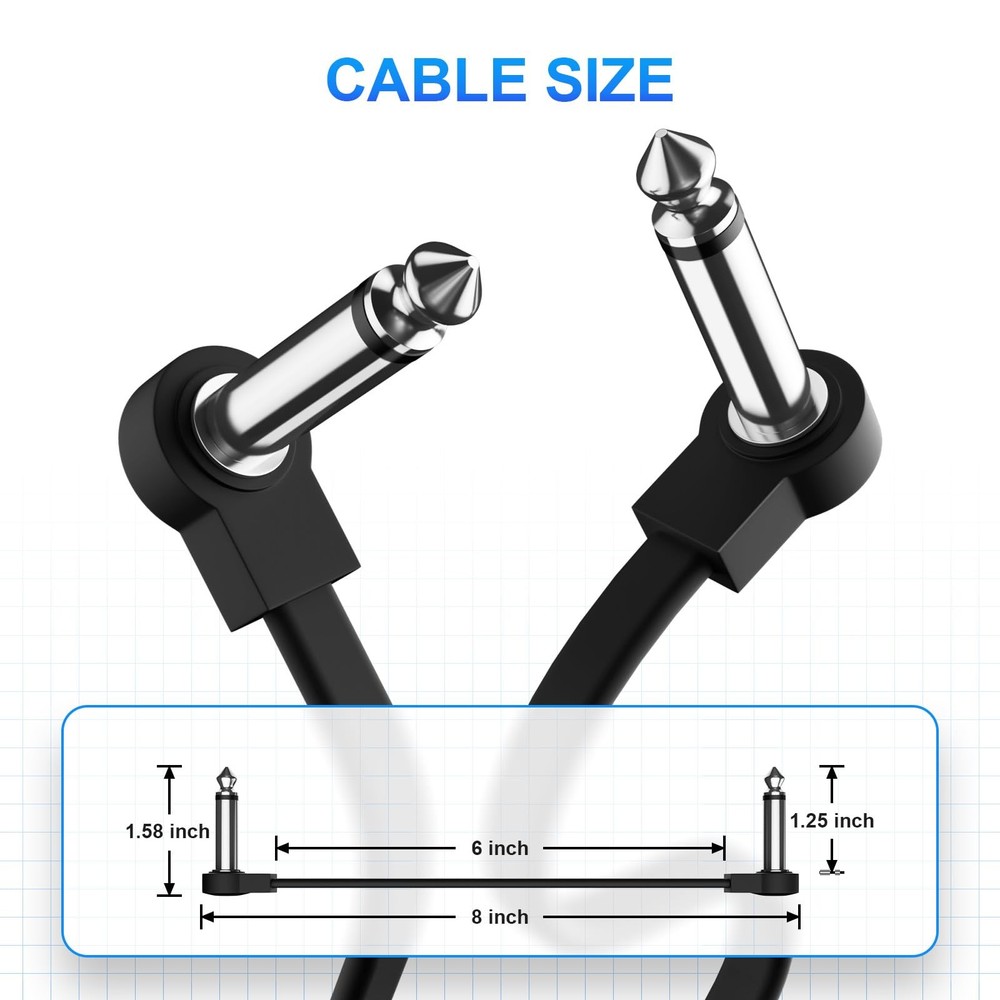 6 Pack Guitar Patch Cables - Noise-Free Right Angle Pedal Board Cables