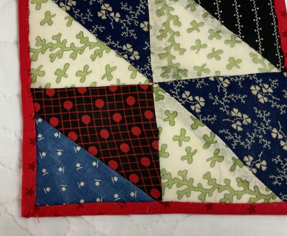 Antique Vintage Patchwork Small Doll Quilt Or Table Topper, 4 Patch W/ Triangles