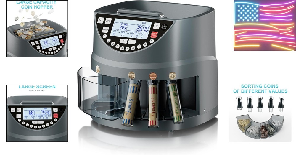 Coin Counter and Sorter with TFT Display - Accurate Sorting Machine for 5 Den...