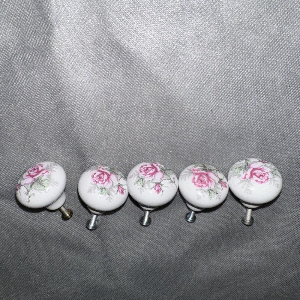Vintage Porcelain Ceramic Drawer Cabinet Door Pull Knobs Pink Rose