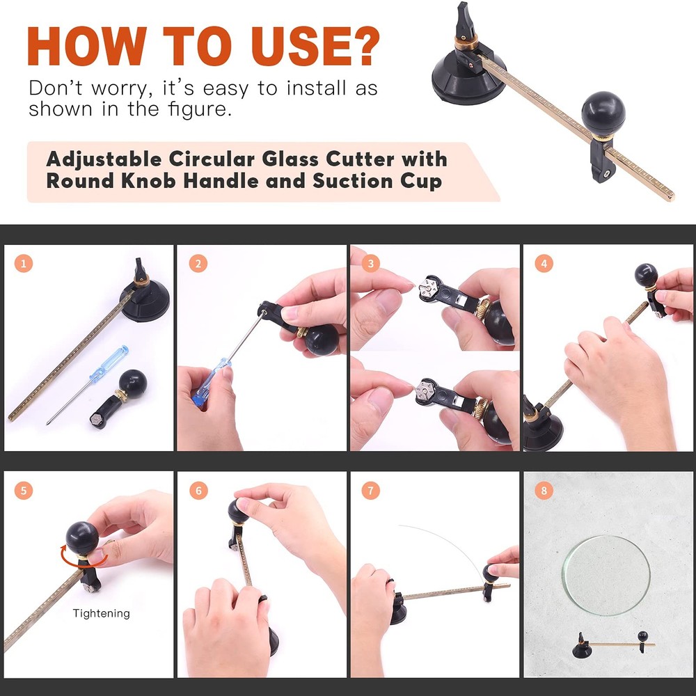 5-Pcs Adjustable Glass Cutter Kit - Includes Suction Cup & Running Plier Round