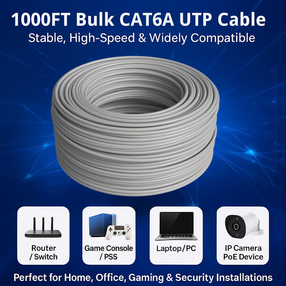 CAT6a Cable 1000FT UTP Solid Network Ethernet CAT6a Bulk Wire RJ45 Lan